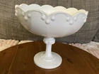 Vintage Indiana Milk Glass Pedastal Fruit Bowl Comote Scalloped Garland Edge 8"