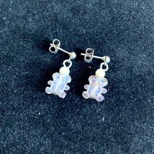 Vintage Iridescent Teddy Bear Dangle Earrings Faux Pearl Silver Tone