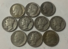 (10) SILVER DIMES MERCURY & ROOSEVELT = $1 FACE 90% SILVER