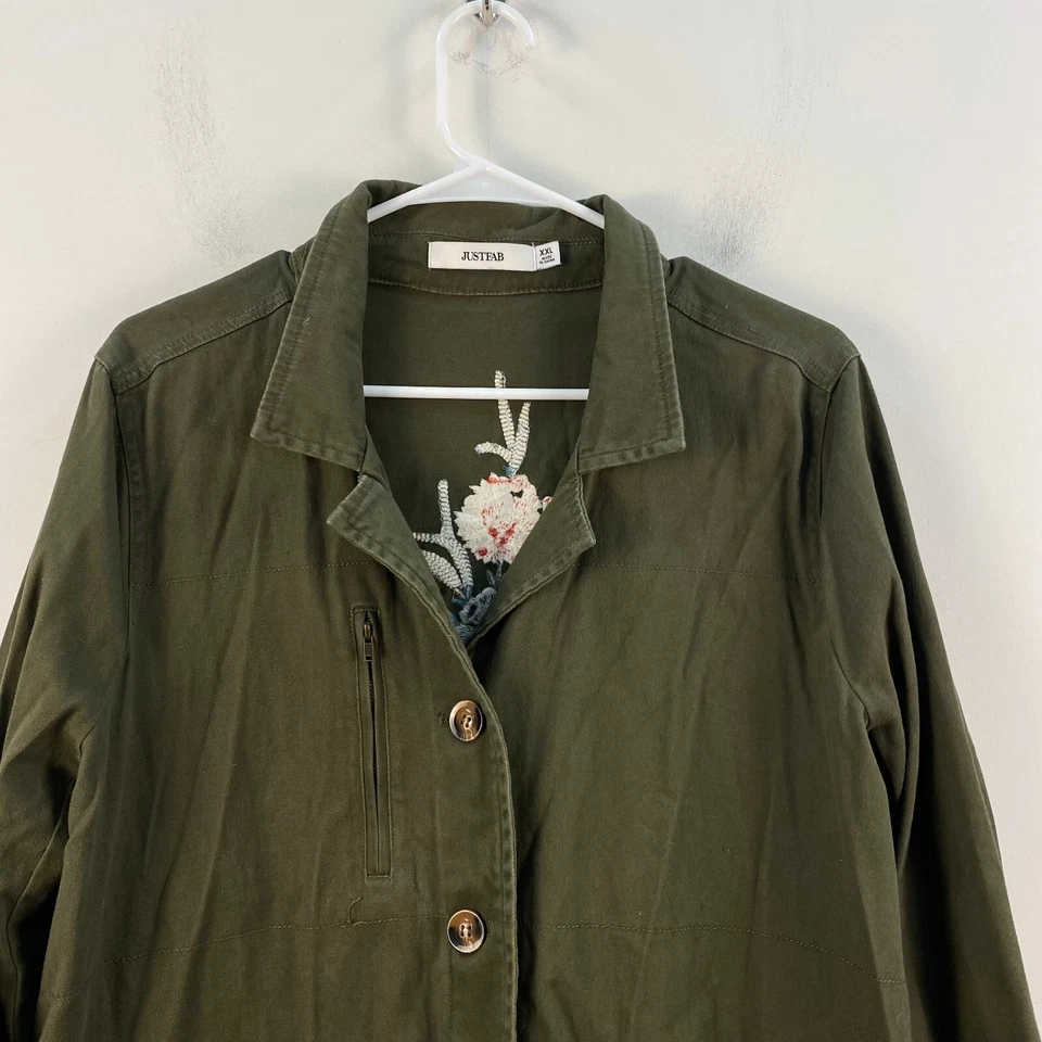 JustFab Mujer XXL Top Camisa Verde Cuello Botón Tejido Algodón Floral Espalda 8879 Foto 3 de 4