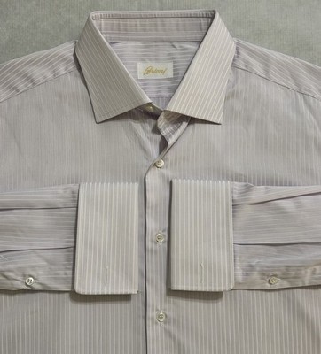 Brioni Neiman Marcus Shirt Mens L 16.5 Purple White Striped Button Up Italy