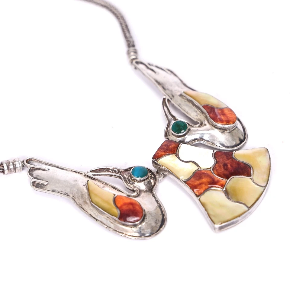Vintage Enamel Shell Gem Stone Inlay Multicolor Birds Sterling Silver Necklace - Image 2 of 4