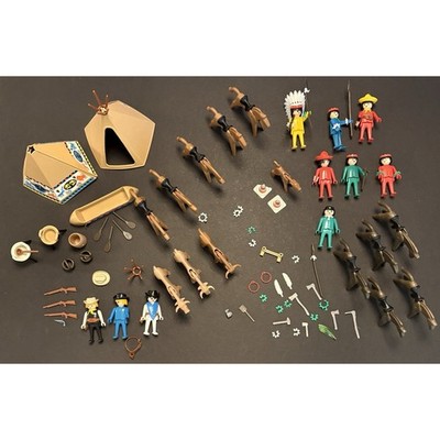 Playmobil Lot Cowboys Indians Horses Tee Pees Canoe Figures Accessories 1974 75