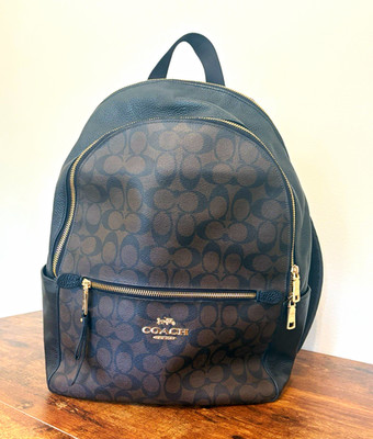 Coach Signature Monogram Brown/Black Zip Backpack Adjustable Strap Pockets Gold