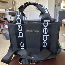 BEBE Hana Tote Bag Canvas Logo Double Handle Satchel Crossbody Zip Top Purse B&W