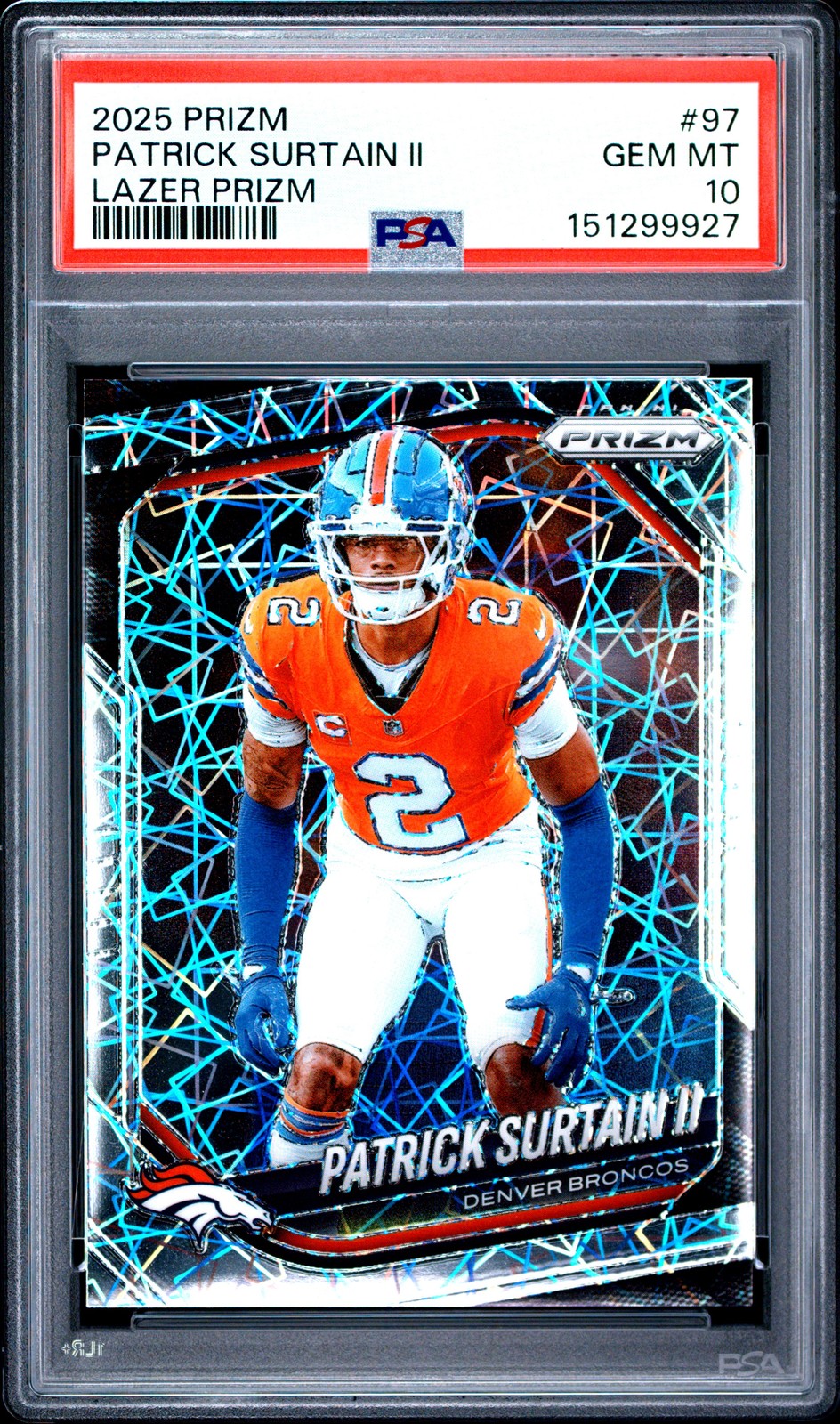 PSA 10 PATRICK SURTAIN II #97 LAZER PRIZM POP 1 2025 PANINI PRIZM DENVER BRONCOS