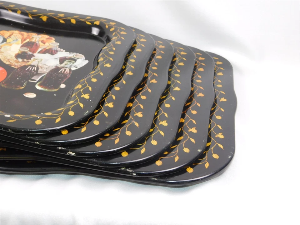 Set of 6 Vtg Tin Litho Serving Trays Black Yellow Charcuterie Theme 1960s - Image 2 of 4