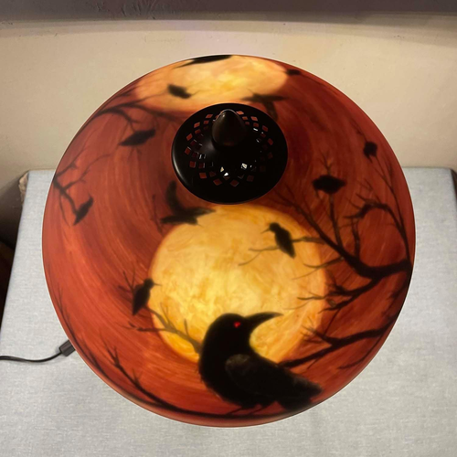 L10969 Ravens Sitting on Bare Tree Branch against Full Moon Hand-Painted Glass T - Picture 4 of 7