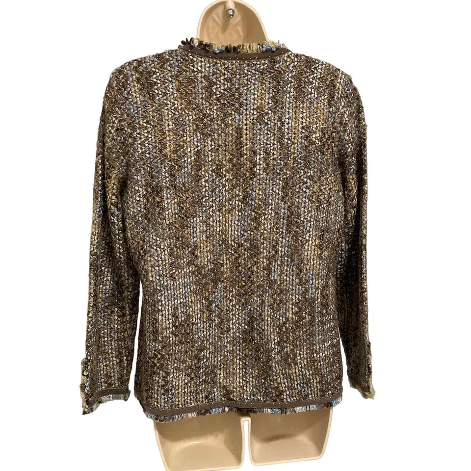 Chaqueta Cárdigan Sigrid Olsen Marrón Azul Tejido Texturizado Abierto Talla Pequeña Foto 4 de 4