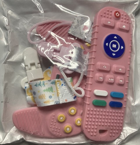 2 Pc Pink Silicone Baby Teething/Chewing TV / Game Remote Control Shape Toys NEW - Picture 3 of 5