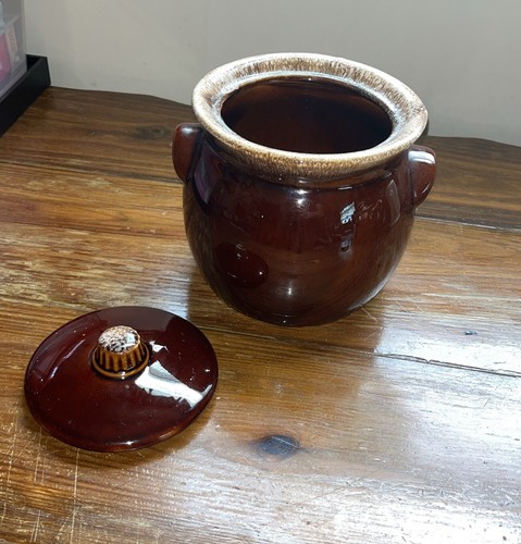 Olla de frijoles marrón a prueba de horno casco vintage con tapa/6" T - Imagen 2 de 5