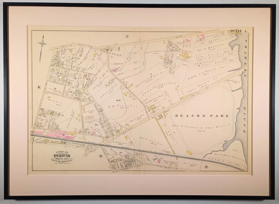 Antiguo mapa coloreado a mano de Brighton Massachusetts Ward 25 placas I Bromley del siglo XIX Foto 2 de 4