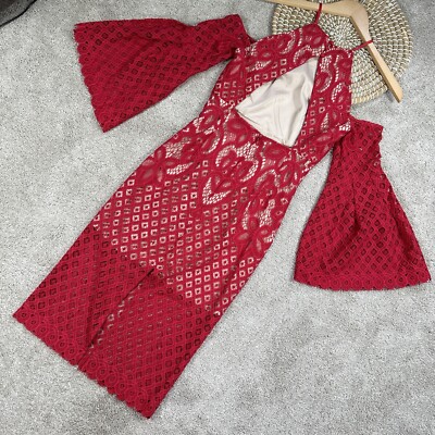 Bardot Mila Lace Dress Cold Shoulder Flare Sleeve Halter Neck Red Cut Out  Back 4 | eBay