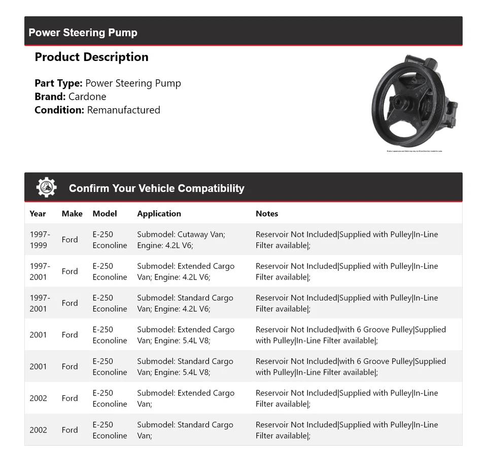 Bomba de dirección asistida Cardone 1998 1999 2000 para Ford E-250 Econoline 1997-2002 Foto 2 de 4