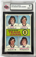 1975-76 TOPPS NHL HOCKEY CARD #314 BRUINS LEADERS/ESPOSITO/BOBBY ORR/ KSA 9 MINT