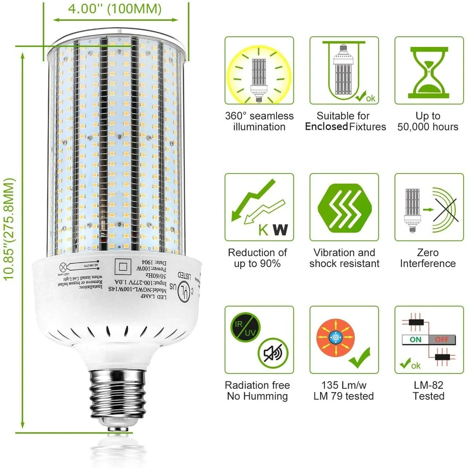 High Bay Warehouse Garage LED Corn Bulb 100W Cob Light E39 Mogul Base 5000K DLC - Image 4 of 4