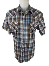 Plains Western Wear Men XL Pearl Snap Shirt Short Sleeve Brown Blue Plaid Cowboy