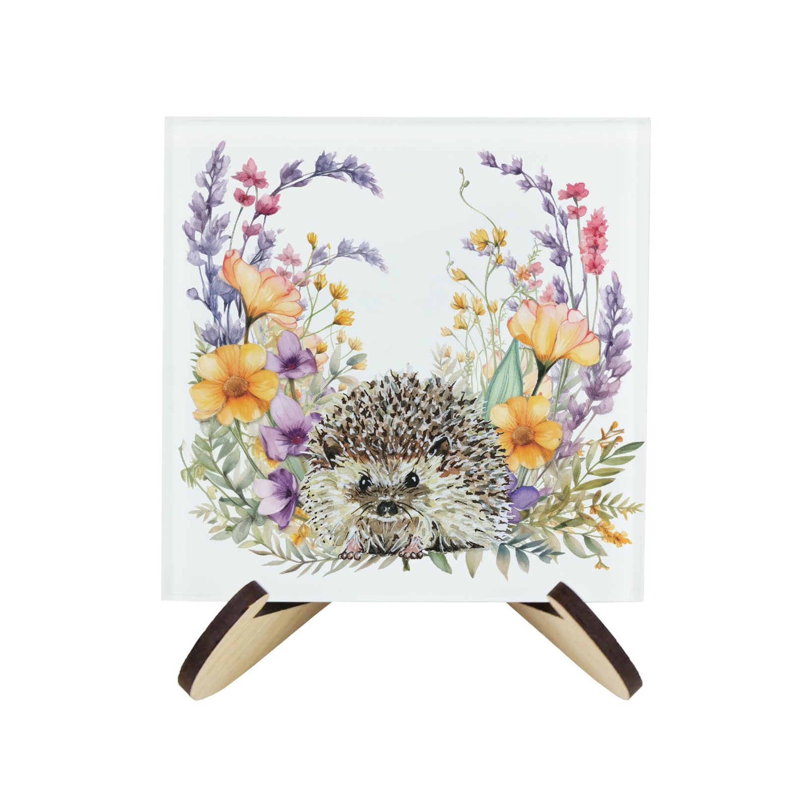 Floral Hedgehog Glass Coaster Set & Stand - Wildlife Animal Gifts - Set of Four