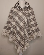 Vintage Plaid Fringe Polyester Cape Poncho Sweater Shawl Wool Knit Handmade