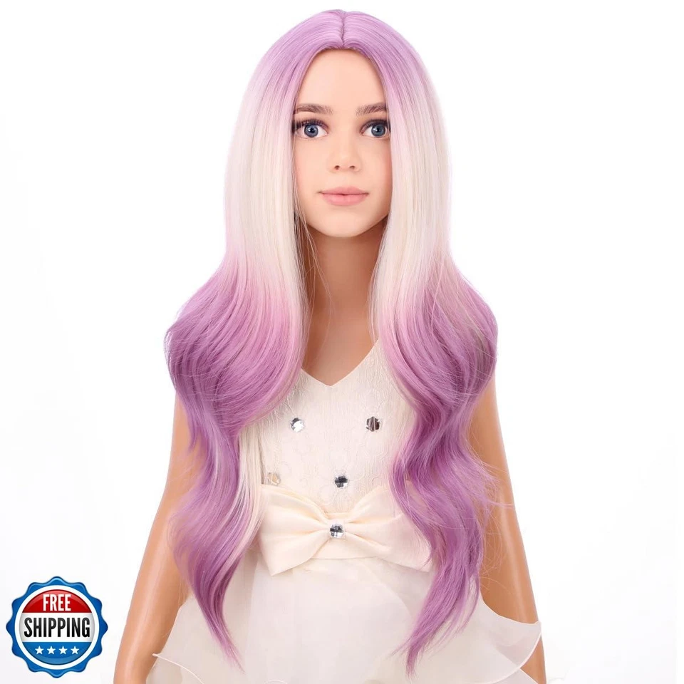 PATTNIUM Blonde Ombre Purple Wig Kids Child Long Curly Wavy Light Purple Wig - Image 2 of 4