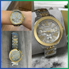 Michael Kors MK6953 Wren Gold MK Patterned Strap Silver Dial Womens Watch 42mm