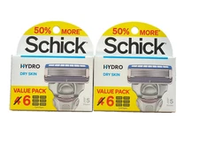 2~Schick Hydro Dry Skin Razor Refill Cartridges 12 TOTAL Cartridges VALUE PACK