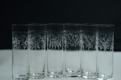 Theresienthal 6 Cocktail Gläser Handfertigung Gravur Vogelmotiv Longdrink. (2)