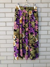 Vintage Tropical Flower Yoke Skirt Size 10 Hawaiian Floral Pink Purple Khaki