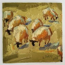 Sheep in Field Painting Original Oil Artwork Landscape Abstract Modern Small Art