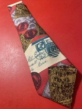 Vintage EUC Perry Ellis Portfolio Silk Tie USA Made Antique Mail Stamp Currency