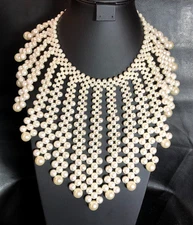 Gold Faux Pearl Bib Statement Necklace Runway Couture Chunky Fringe Collar 7976