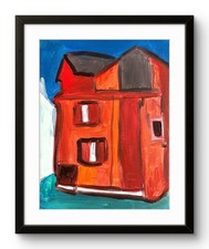 Red House Whimsical Abstract Painting Bold Orange Red Modern Decor