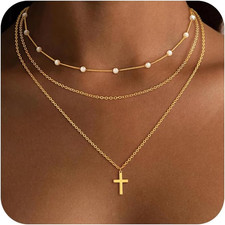 Gold Cross Pearl Layered Necklace for Women - Dainty Cross Pendant Necklace Chok