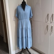 F&F Size 18 Tiered Maxi Dress Soft Denim V Neck Short Sleeve Pockets