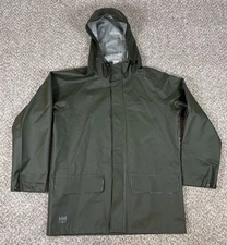 Helly Hansen Rain Jacket Mens M Green Hooded Workwear Waterproof PVC Long Coat