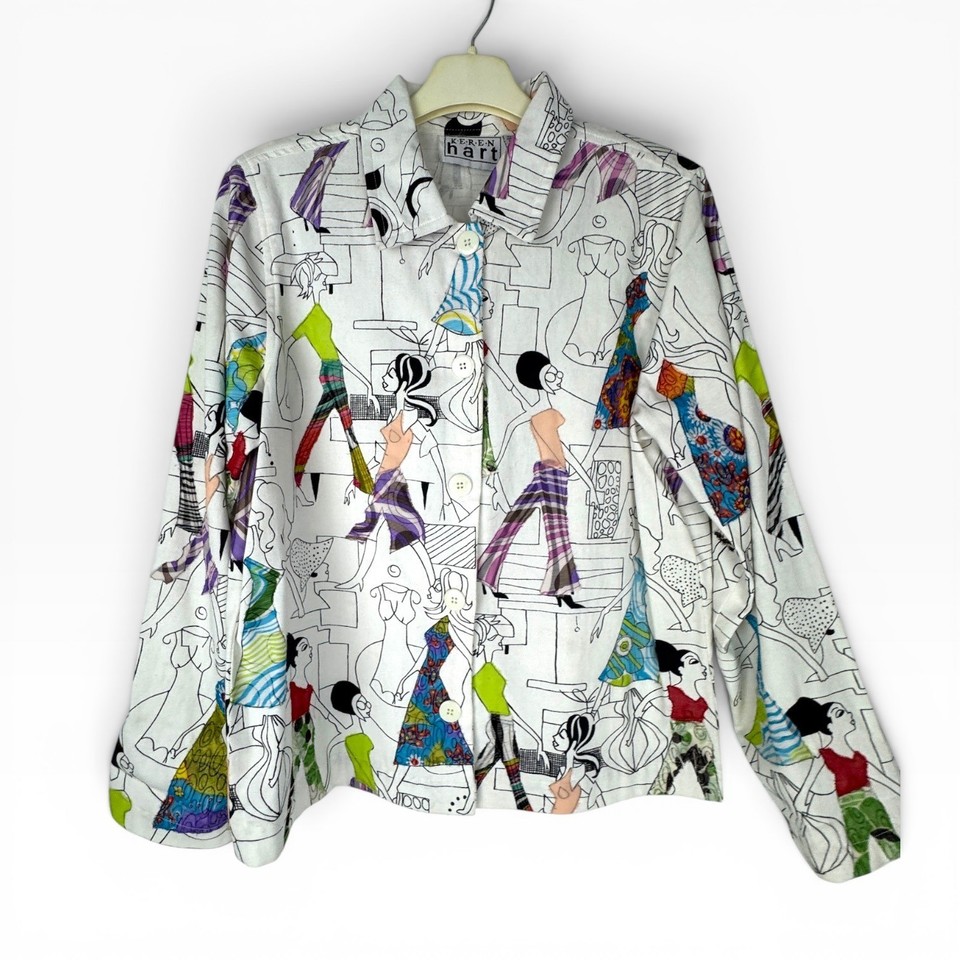 A Keren Hart novelty-print button-up with 3D appliqué details — the kind of delightfully eccentric vintage shirt that gets compliments every single time it's worn.