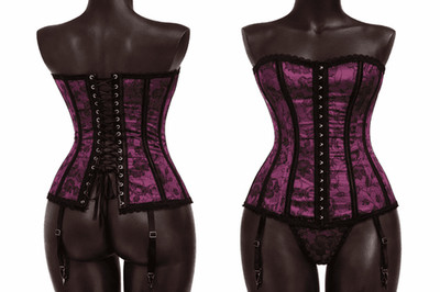 Ladies Plum Floral Corset with Suspender Straps and Matching G-String