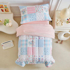 4 Piece Toddler Bedding Set- Pink n Blue Patchwork Design, Microfiber Toddler Be