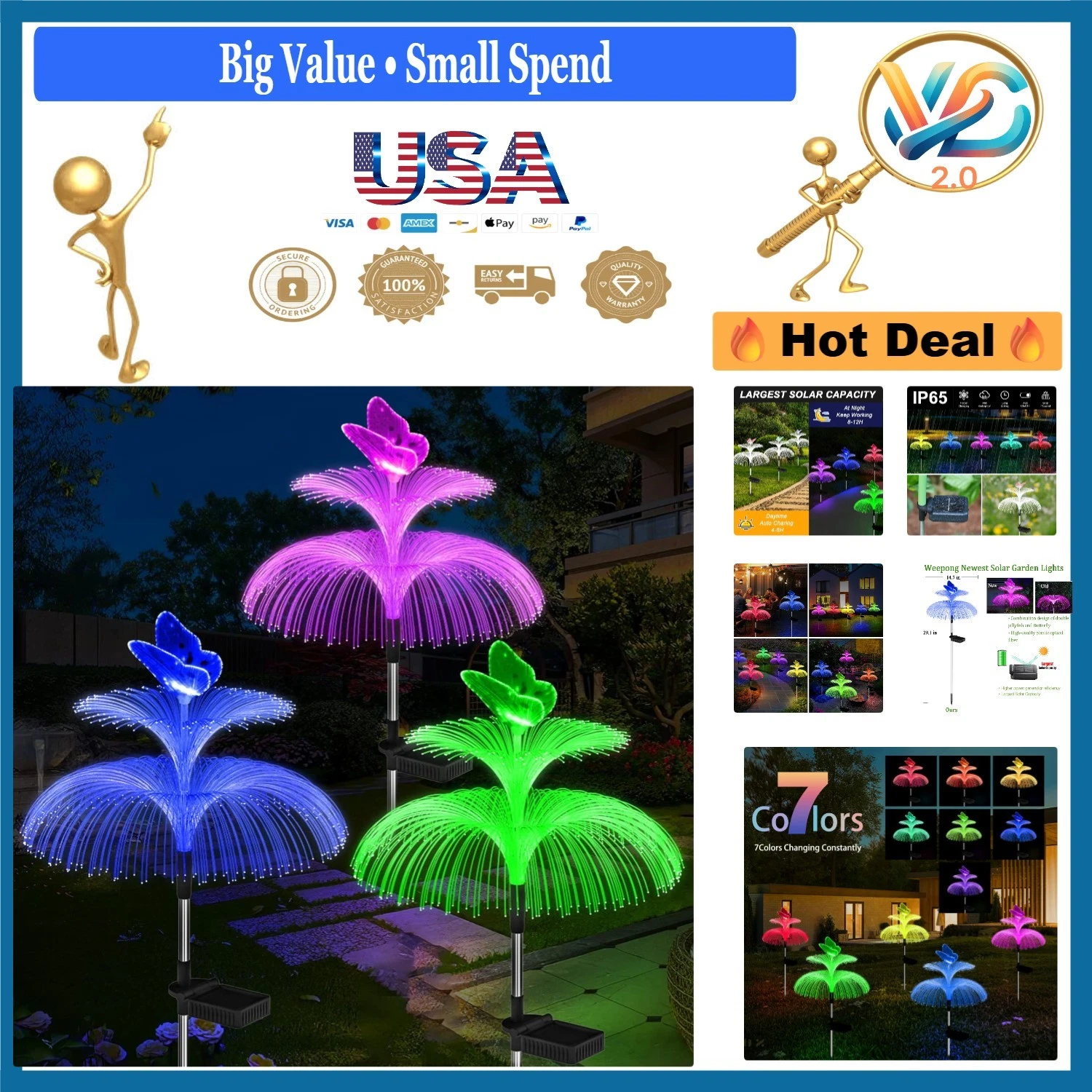 Solar Garden Lights 3 Pack Waterproof Decor 7 Color Changing Butterfly Jellyfish