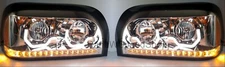 Pair Chrome Headlights W/ LED Turn Signal & Light Bar for Freightliner Century