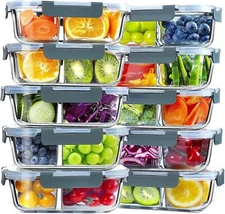 10 Pack Glass Meal Prep Containers 2 Compartment Set, 30 OZ Airtight Glass Lunch