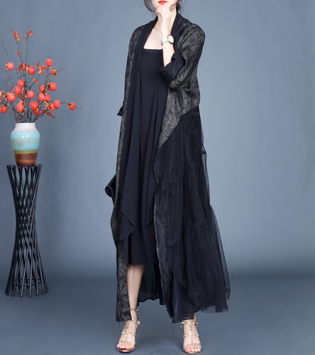 Vintage Acetic Acid Flowering Jacquard Cardigan Womens Coats Trench Irregular - Picture 16 of 23