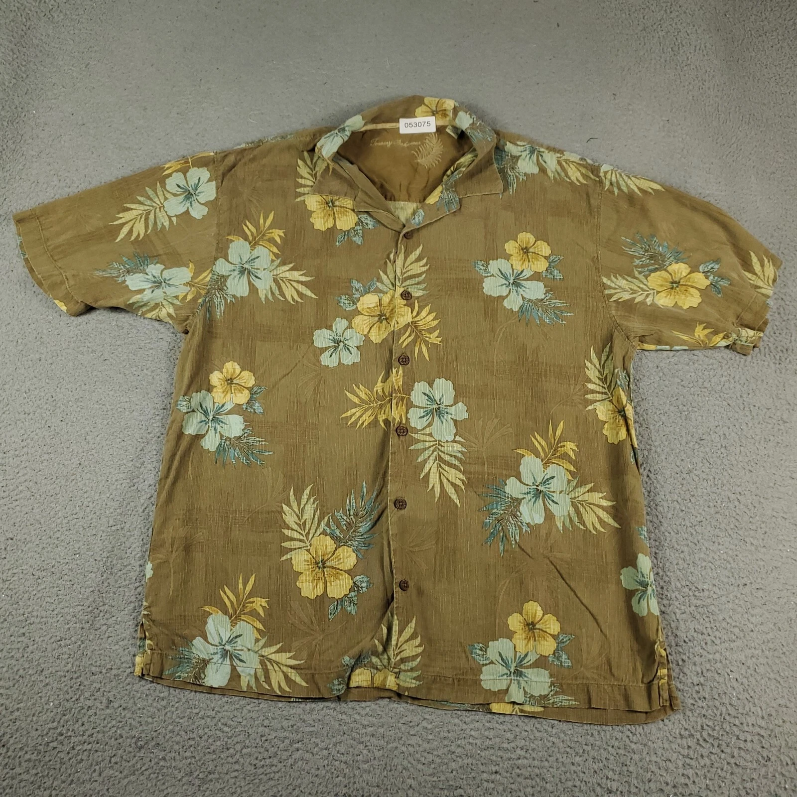 Tommy Bahama Shirt Mens Size XL Brown Floral Hawaiian Button Up Short Sleeve