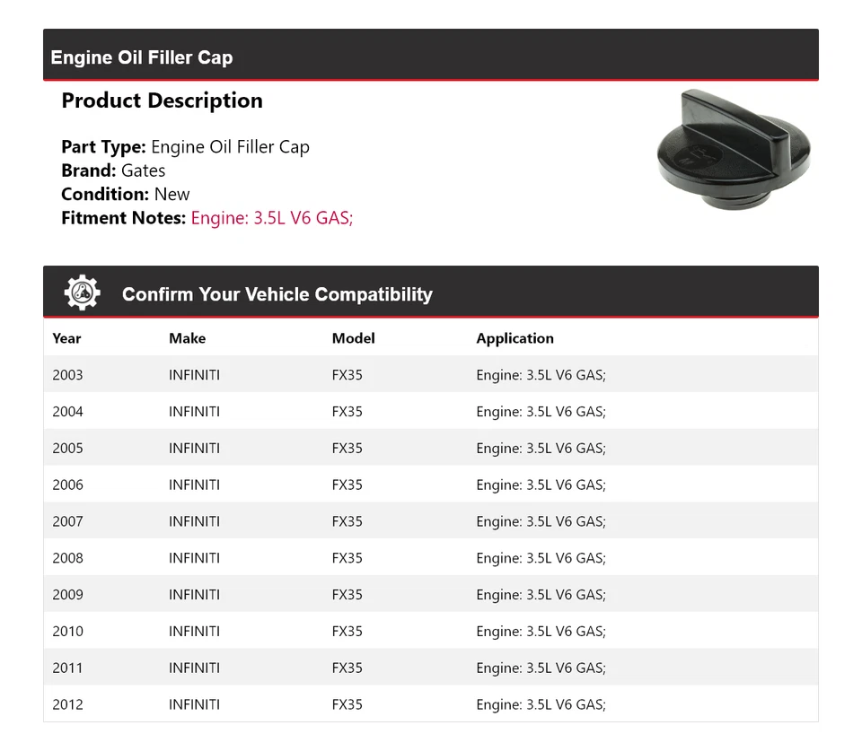 Puertas de tapa de llenado de aceite para motor Infiniti FX35 2003-2012 3,5 L V6 2004 2005 Foto 2 de 4