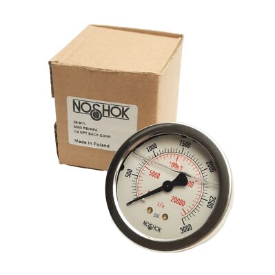 Noshok 25-911-3000 PSI/kPa Pressure Gauge, Filled, 3000Psi/20000kPa, 1/4in NPT M