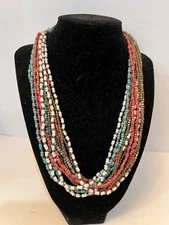 Multi-Strand Micro-Beaded Necklace by ZAD Coral,teal,white, Brown 20-22” Long