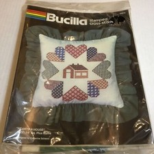 BUCILLA STAMPED CROSS STITCH KIT PILLOW RUFFLE INCLUDED   HEARTS N HOUSE  
