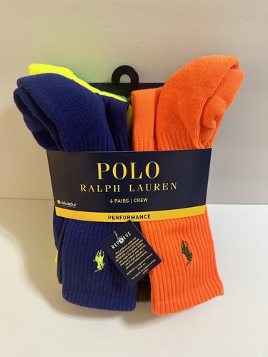 NEW POLO Ralph Lauren Mens Double Logo Crew Socks 6 Pack Orange Yellow Sz 10-13