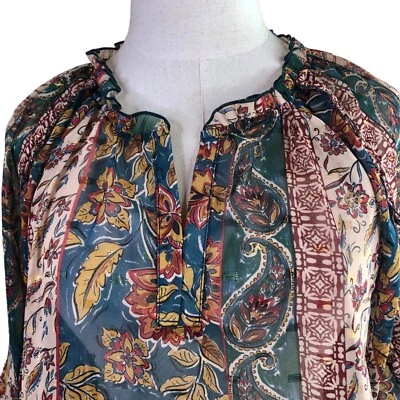 Democracy Boho Peasant Top Size Large Sheer Metallic Paisley Lightweight Tunic ￼ - Image 1 of 4