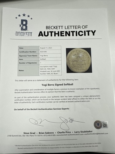Earliest Known Yogi Berra Single Signed 1944 Baseball With Home Address Beckett - Picture 4 of 5